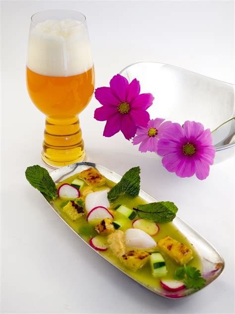 Scallop Crudo with Charred Pineapple, Cayenne-lime Cucumber and Herb Jus - All About Beer