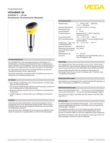 Vega VEGABAR 38 Pressure Sensor With Switching Function Spezifikation