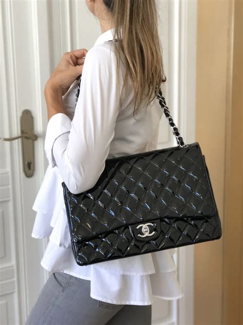 Chanel Black Quilted Patent Leather Maxi Classic Single Flap Bag