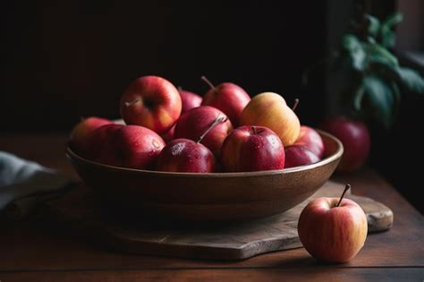 Premium AI Image A Wooden Table Holds A Bowl Of Apples Generative AI