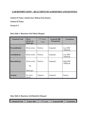 Experiment Organic Chemistry Lab Report Exp Reactions Of