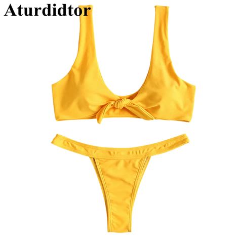 Sweet Padded Knot Yellow Low Waist Sexy Thong Bikini Set Two Piece