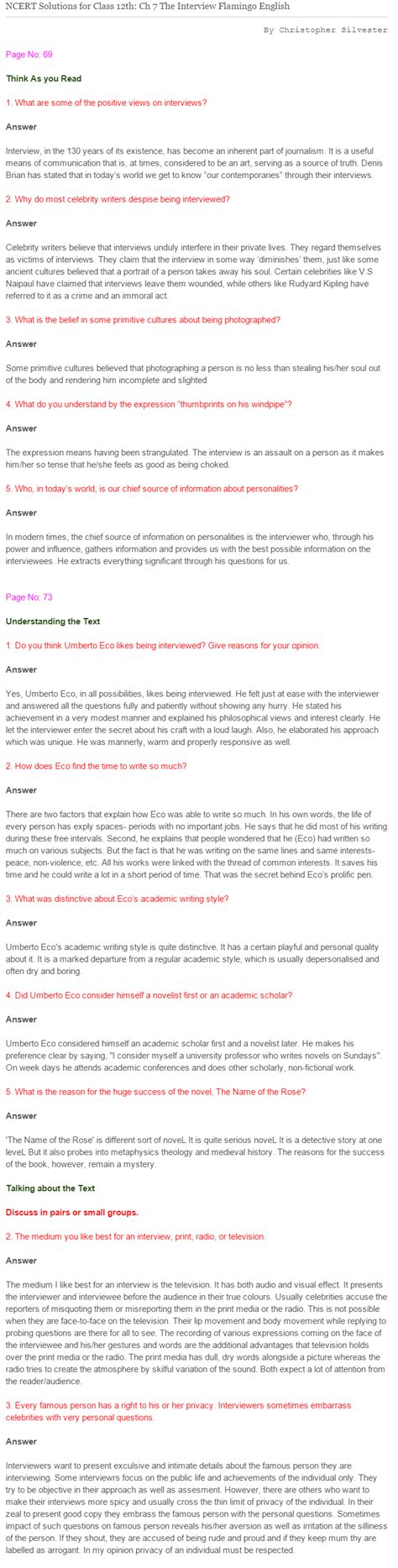 Ncert Solutions For Class 12 Flamingo English The Interview