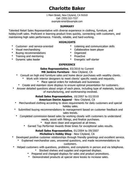 Professional Retail Sales Representative Resume Examples