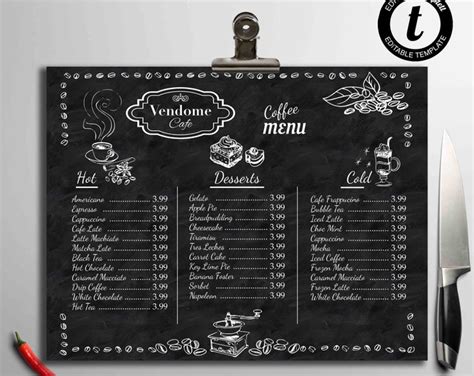 Chalkboard Style Cafe Menu Template, Cafe Menu Template, DIY Menu ...