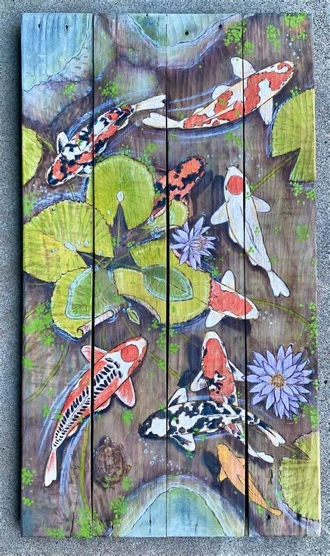 Koi Pond Art Original Art Koi Fish Art Lilies Art Wood Art - Etsy