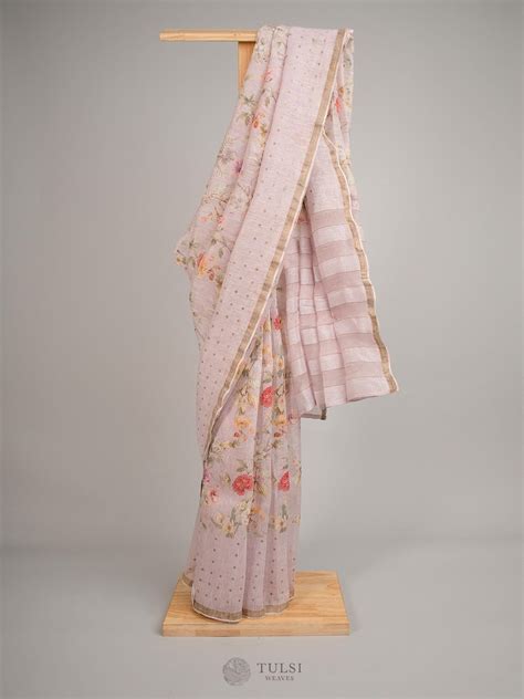 Elegant Lavender Grey Linen Silk Saree With Floral Prints Tulsi Weaves