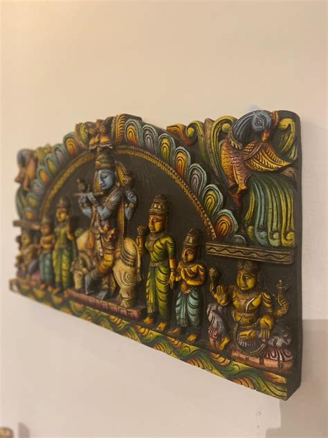 Lord Krishna Wooden Panel Pooja Room Wall Art Wall Decor Etsy