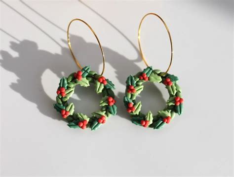 Small Christmas Wreath Earrings With Red Berries And Green Leaves