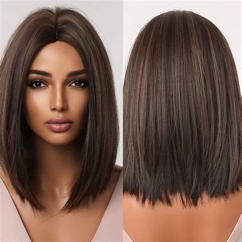 Allbell Brown Bob Wigs For Women Short Straight Synthetic Hair With Red Highlights Middle Part