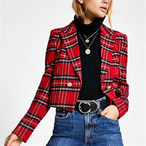 Red Tartan Cropped Jacket Jackets Coats And Jackets Women Red Plaid Jacket Red Crop