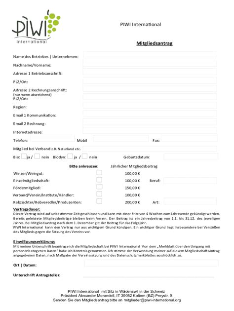 Ausfüllbar Online Mitgliedsantrag PIWI Deutschland Fax Email Drucken