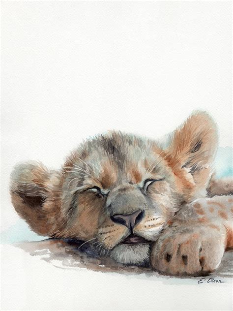 Sleeping Baby Lion Painting by Emily Olson