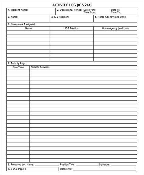 Sample Activity Log Sheet