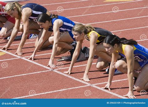 Runners Preparing For Race At Starting Blocks Stock Image Image Of