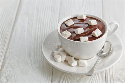 Hot Chocolate With Marshmallows In Cup On White Wooden Table Stock Image Image Of Warm Treat