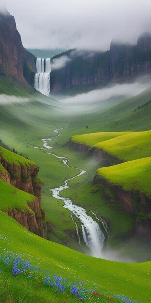 Premium AI Image | Mountain valley with waterfall