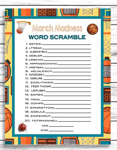 March Madness Word Scramble Party Game College Basketball Game Word Game Puzzle Printable Or