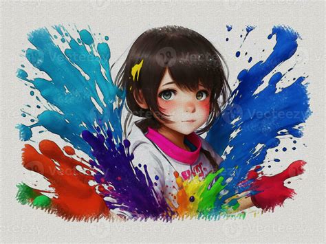 Watercolor cute girl with colored art illustration on white paper ...