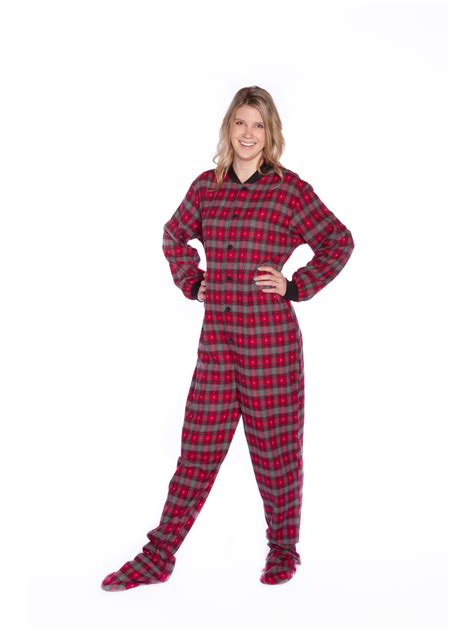 Red And Gray Plaid Lightweight Cotton Flannel Adult Footed Onesie Pajamas