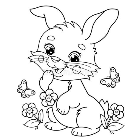 Coloring Page Outline Of Cartoon Cute Bunny Or Rabbit With Flowers And