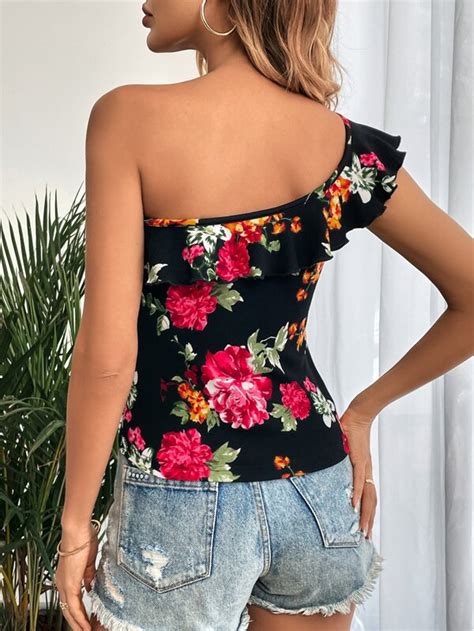 SHEIN Privé Floral Print One Shoulder Ruffle Trim Top SHEIN USA