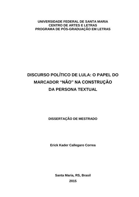 Pdf Discurso Pol Tico De Lula O Papel Do Marcador Discurso