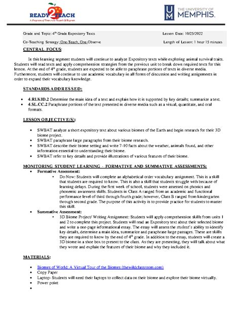 Lesson Plan Expository Texts Grade And Topic 4th Grade Expository