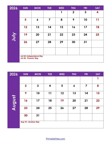 July And August 2026 Calendar Printable Free Printable Templates