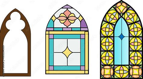 Church Stained Glass Windows Vector Illustration In Color And Line Drawing Stock Vector