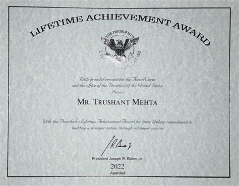 Presidential Lifetime Achievement Award to Trushant Mehta