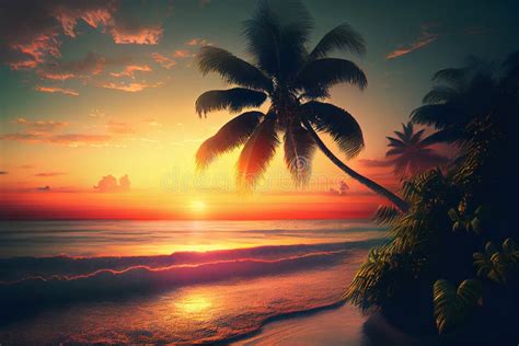 Beautiful Colorful Sunset Background Tropical Ocean Beach Illustration Generative Ai Stock