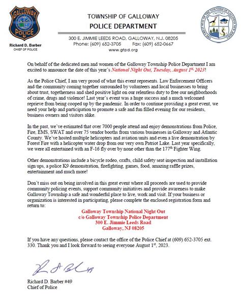 Galloway Township Police Department National Night Out 2023 Information