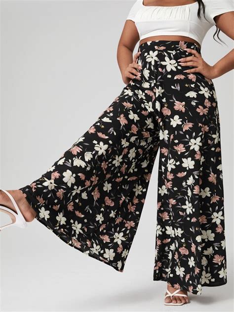 Shein Lune Plus Wide Leg Floral Print Pants Shein Usa