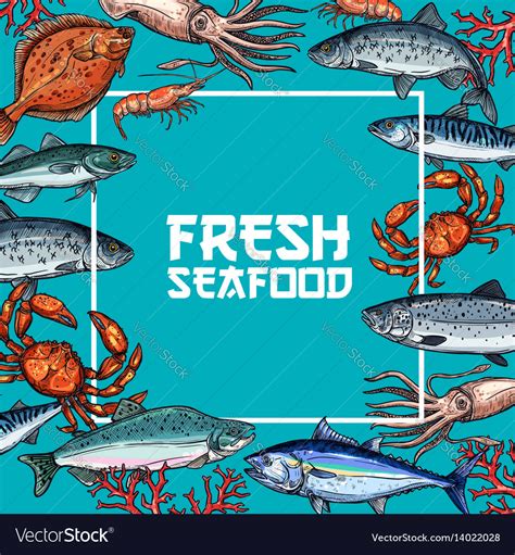 Fresh seafood and fish sketch poster design Vector Image