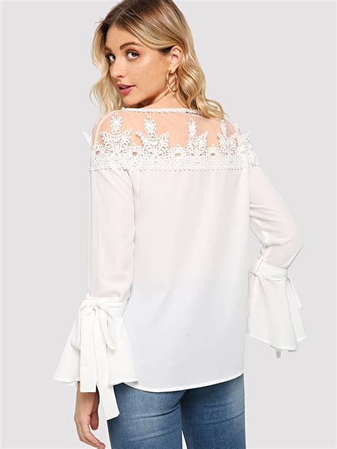 Sheer Guipure Lace Yoke Tie Sleeve Top Shein