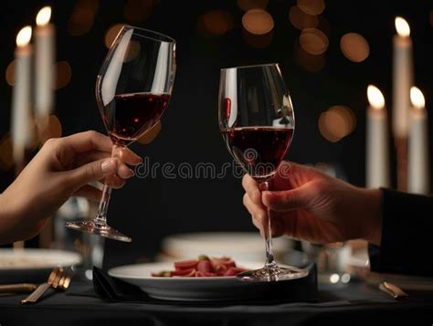 Two People Toasting Wine Glasses At A Dinner Table Stock Photo Image