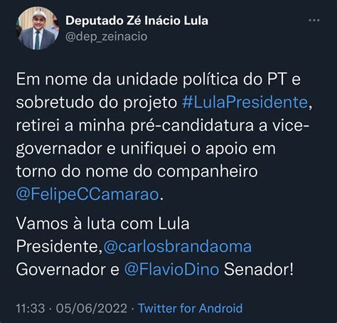 Deputado Zé Inácio anuncia retirada da pré candidatura à vice