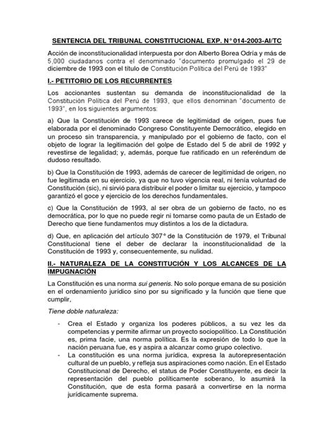 Sentencia Del Tribunal Constitucional Exp 014 2003 Aitc Pdf Constitución Legislación