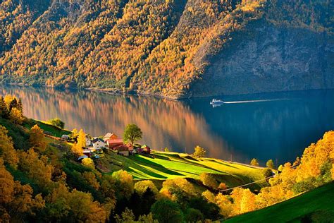 Mountain River Autum Meadow Sea Grass Ship Water HD Wallpaper