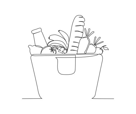 Premium Vector | Continuous line art drawing of grocery food basket fruits and bread in the ...