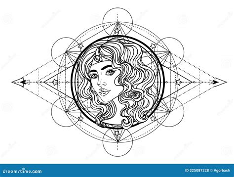 Illustration Of Leo Astrological Sign As A Beautiful Girl Over Sacred Geometry Frame Zodiac