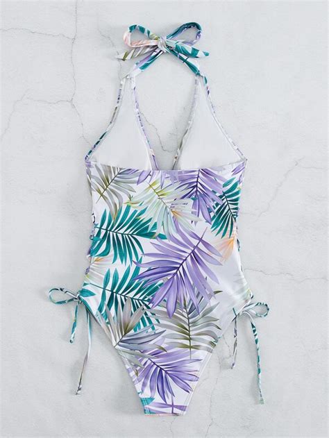 Shein Swim Vcay Tropical Print Lace Up Side Halter One Piece Swimsuit