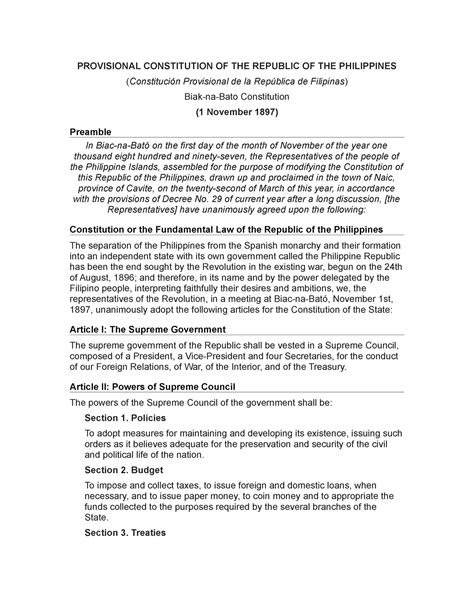 Rph 1897 Biak Na Bato Constitution 1 Provisional Constitution Of The Republic Of The