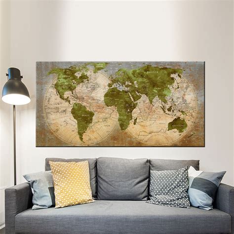 Vintage World Map Canvas, Canvas Travel Map, Detailed World Map, Olive ...