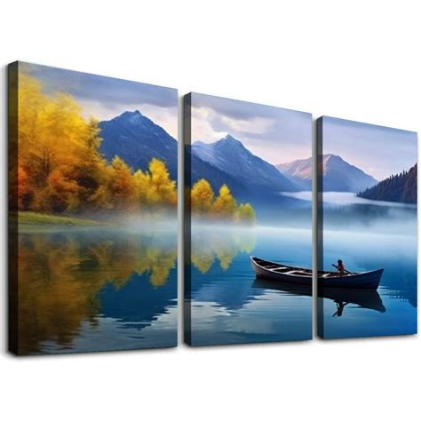 Onetech Lake Canvas Wall Art Blue Mountain Sky Nature Landscape Boat