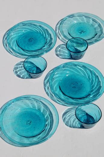 vintage Mexican glass plates & bowls, hand-blown aqua blue glassware dishes