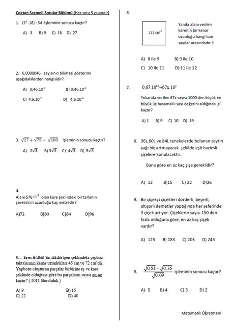 8 Sinif Matematİk 1 DÖnem 1 Yazili Test Matematik