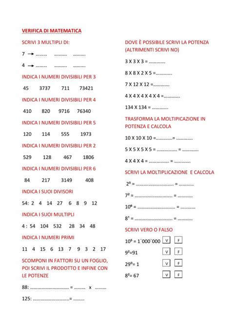 Verifica Multipli E Divisori 2 Worksheet Espressioni Matematiche Matematica Elementari