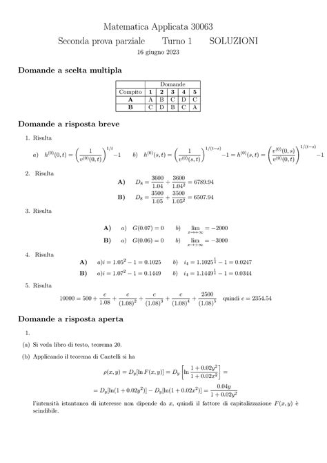 Soluzioni Secondo Parziale Ita Matematica Applicata Seconda